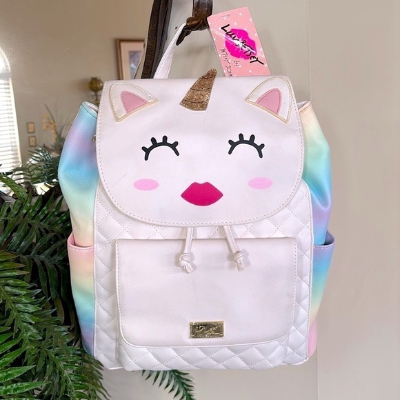 NWT Betsey Johnson Kitty Cat Unicorn Pastel Ombre Large Drawstring Backpack
